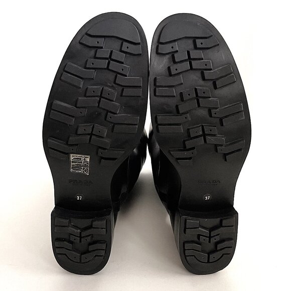 PRADA Black Leather Pull-on Tall Lug Sole Boots with Buckle, Size 37 (US 7) - Picture 13 of 13